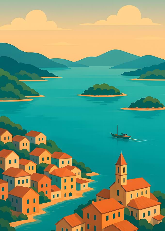 Coastal Village Landscape Illustration
