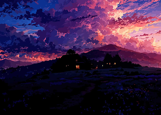 Twilight Landscape with Houses and Clouds