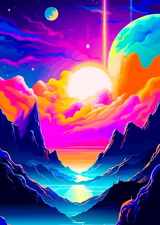 Vibrant Space Landscape with Mountains