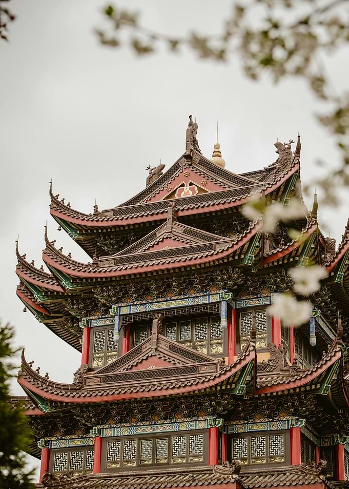Ornate Asian Pagoda with Blossoming Tree