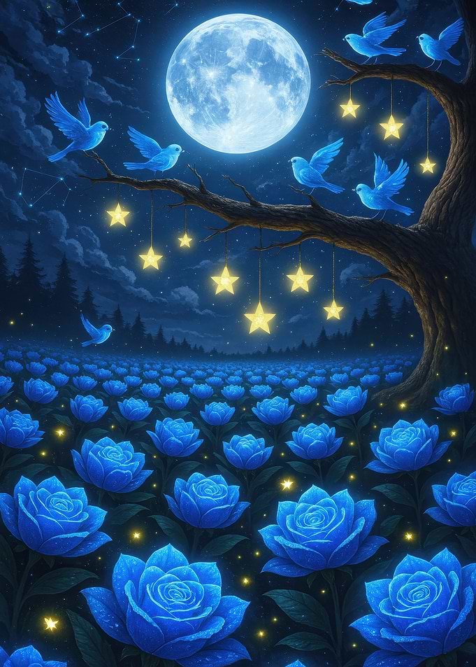 Blue Roses, Birds, Moon, and Stars