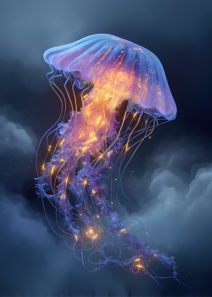 Glowing Jellyfish in Deep Blue Sea