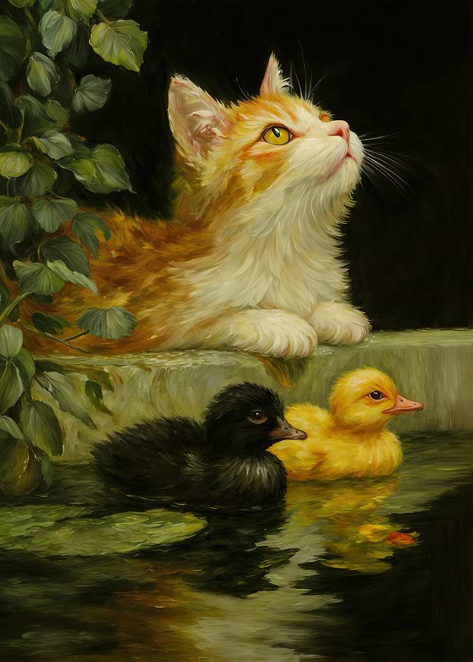 Cat and Ducklings Oil Painting