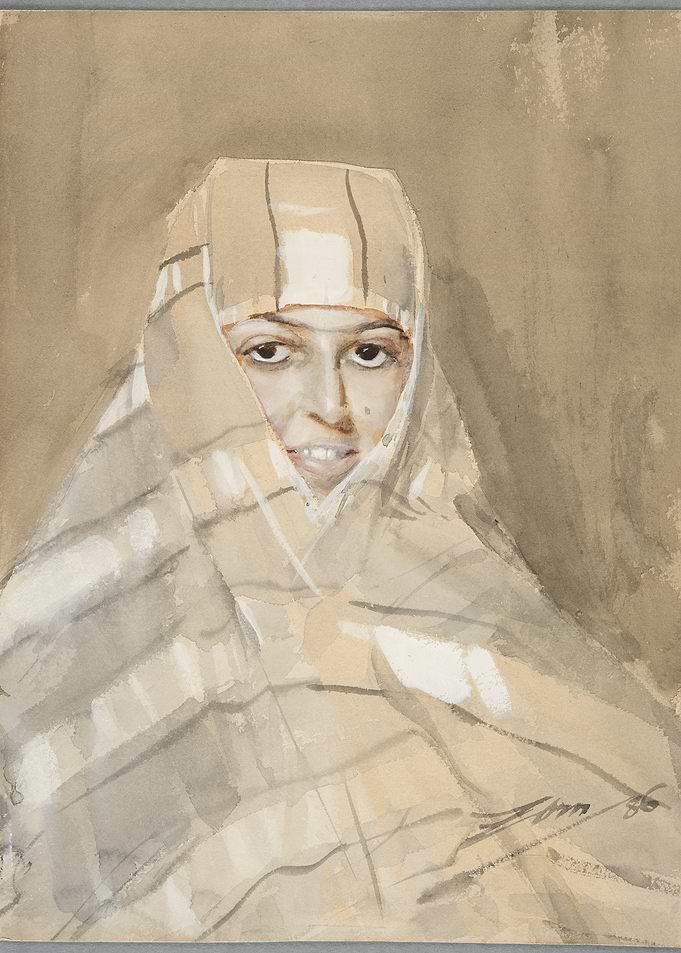 Woman in Headscarf Watercolor Portrait