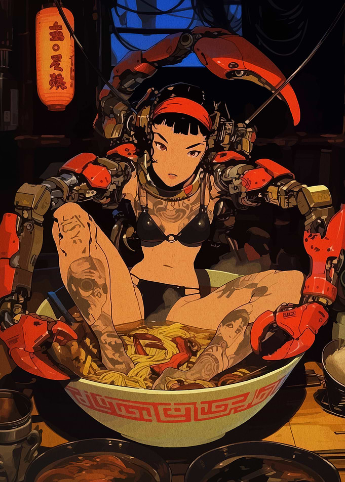 Cyberpunk Girl in Ramen Bowl