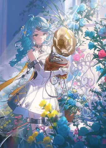Girl with Gramophone in Floral Setting
