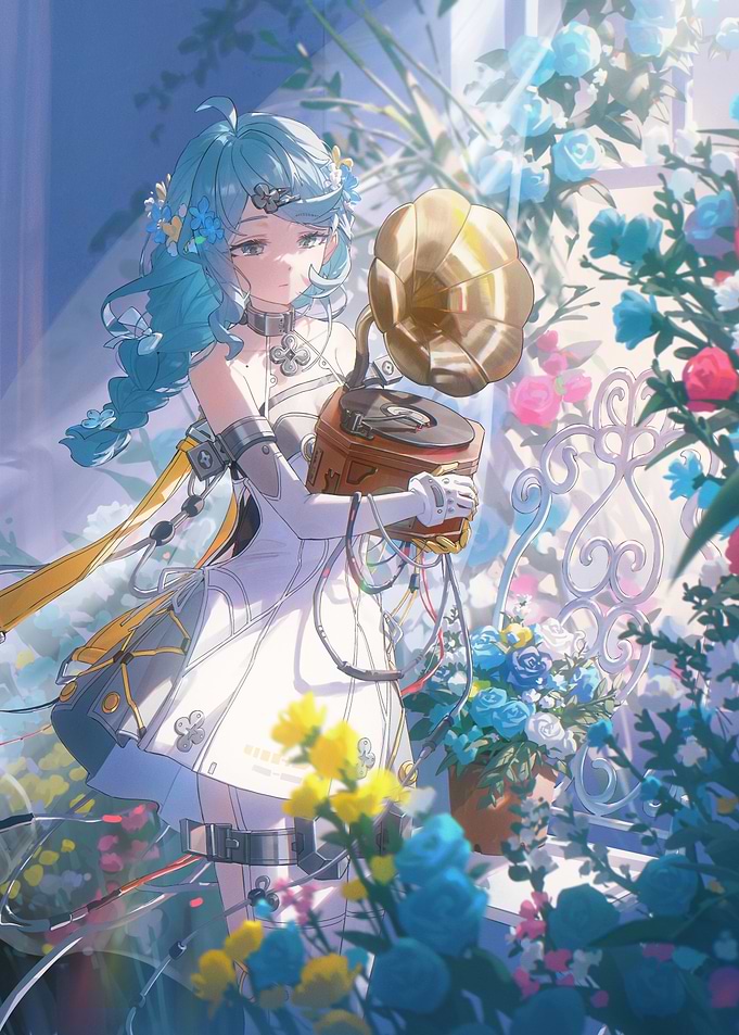 Girl with Gramophone in Floral Setting