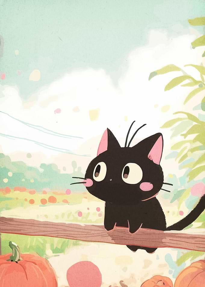 Cute Black Cat on Fence with Pumpkins