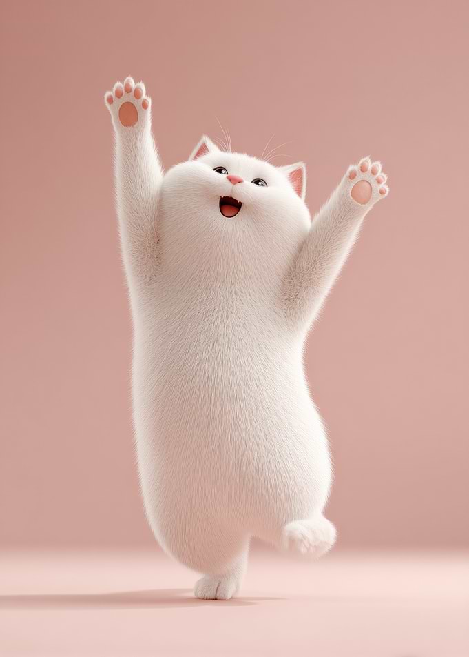 Happy White Cat Reaching Up