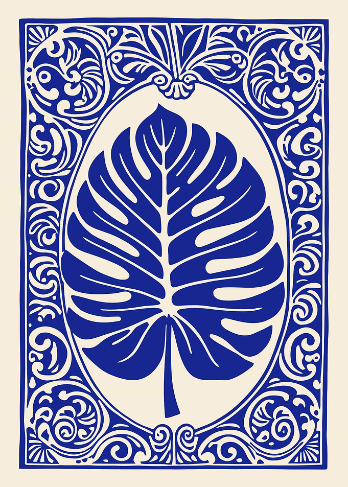 Monstera Leaf in Ornate Blue Frame