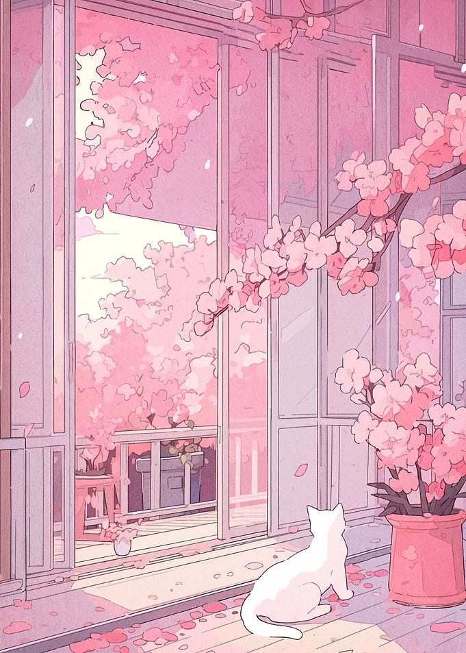 Pink Cherry Blossoms and White Cat