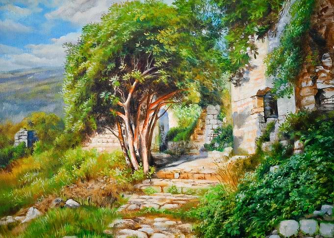 Idyllic Village Ruins Painting