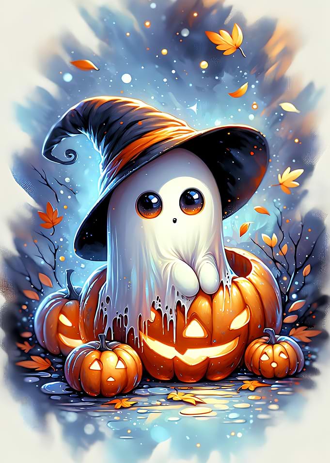 Cute Halloween Ghost with Pumpkins