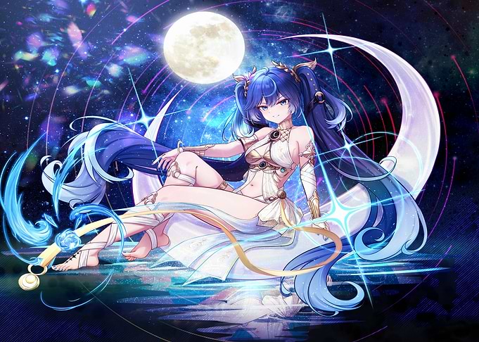 Anime Girl on Crescent Moon