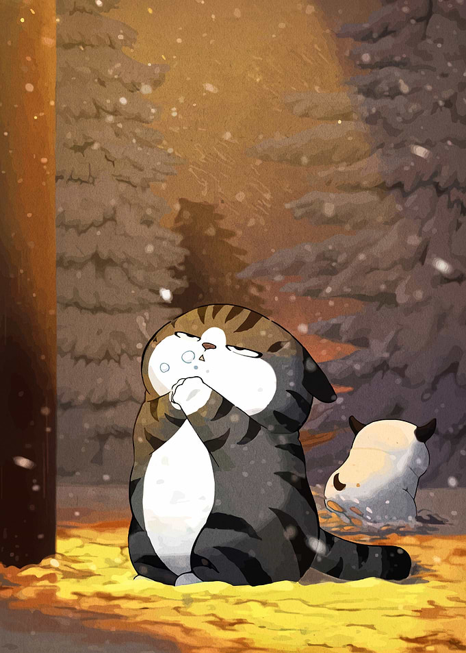 Cartoon Cat in Snowy Forest