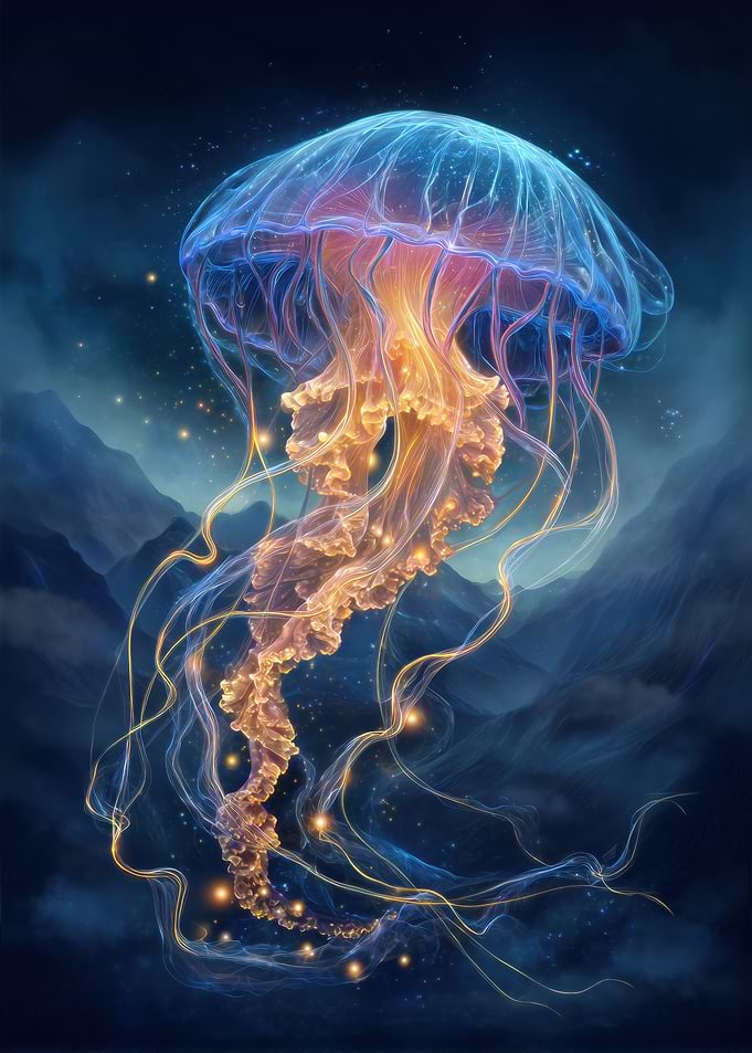 Glowing Jellyfish in Deep Blue Sea