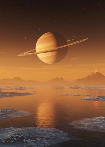 Saturn over alien landscape with water