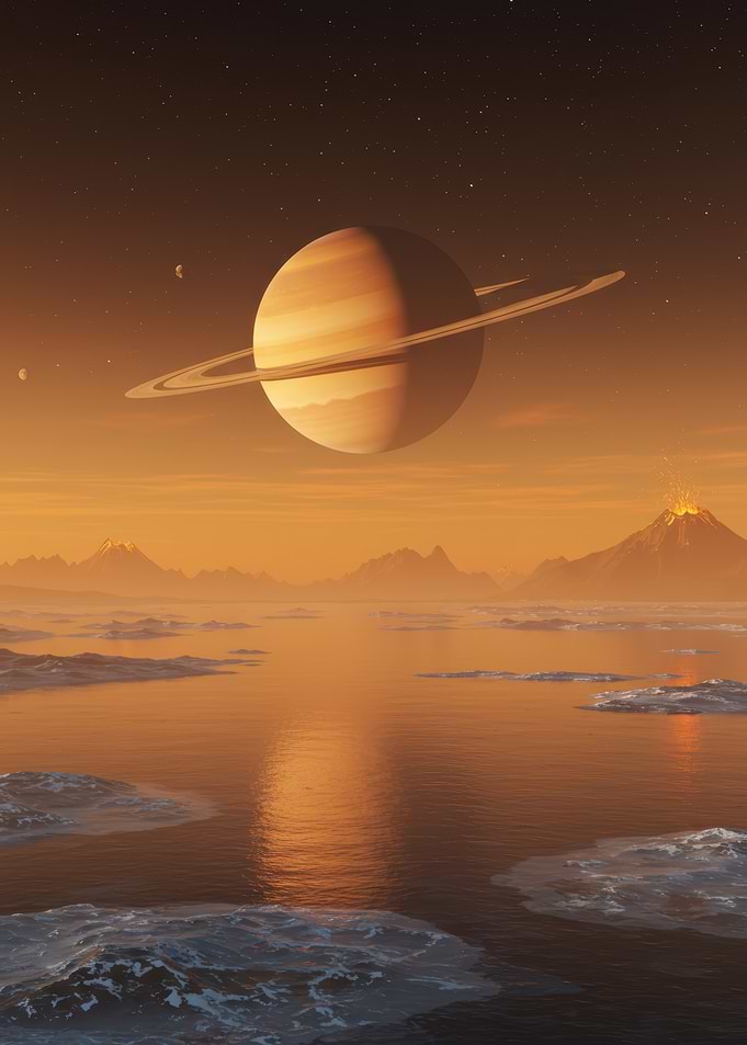 Saturn over alien landscape with water
