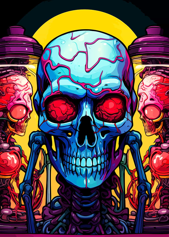 Colorful Skull and Brains Illustration