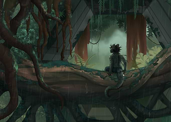 Lizard Creature in Rainy Jungle Scene