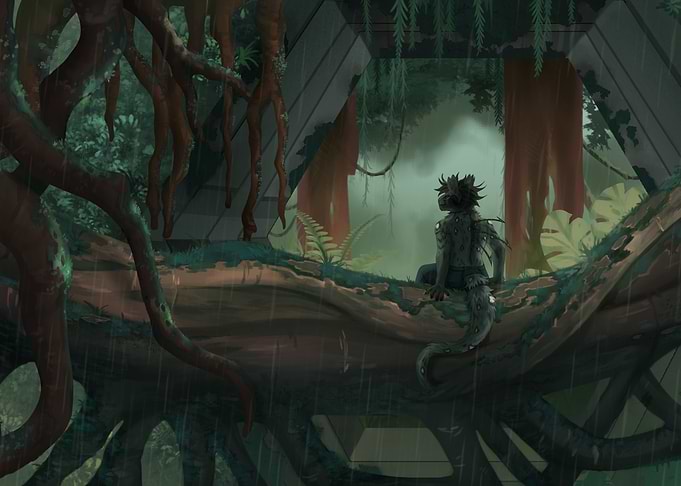 Lizard Creature in Rainy Jungle Scene