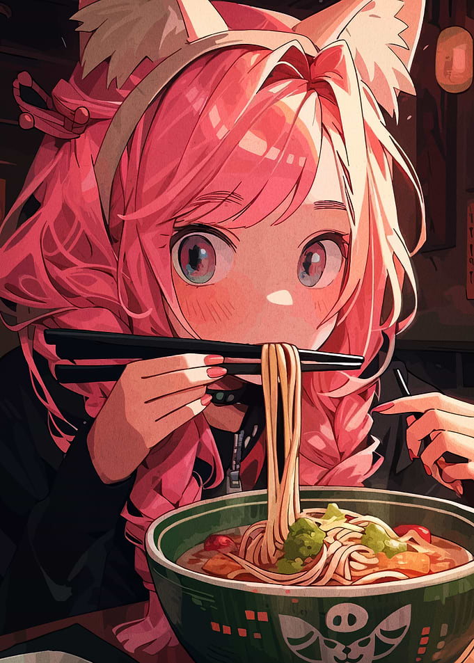 Anime Girl Eating Ramen with Chopsticks