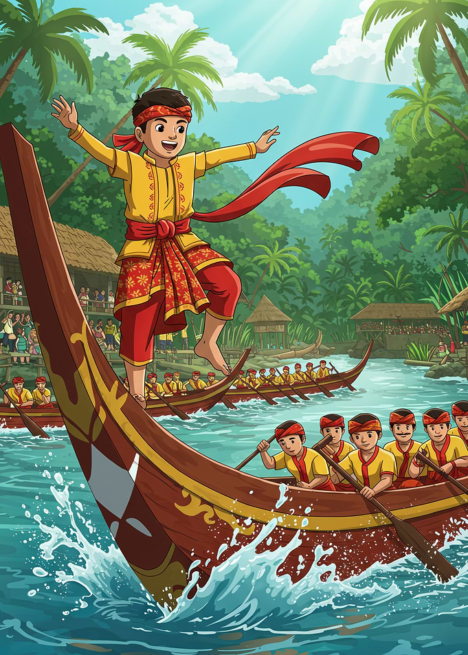 Cartoon illustration of a boat race Pacu Jalur