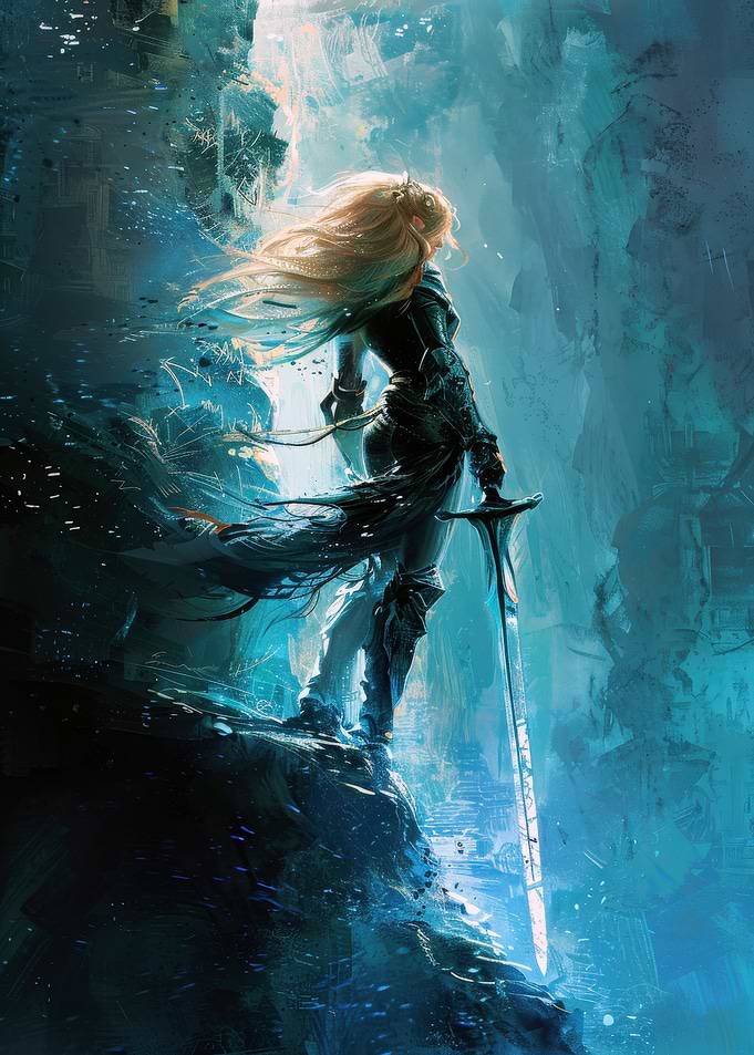 Female Warrior with Sword in Fantasy Landscape