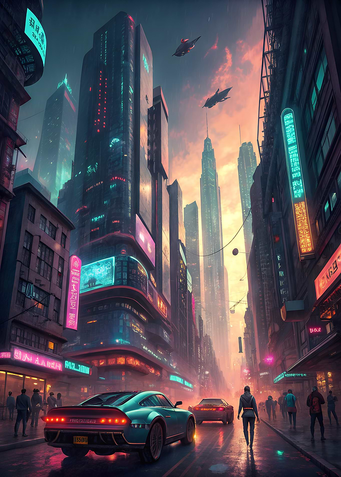 Cyberpunk Cityscape with Flying Vehicles