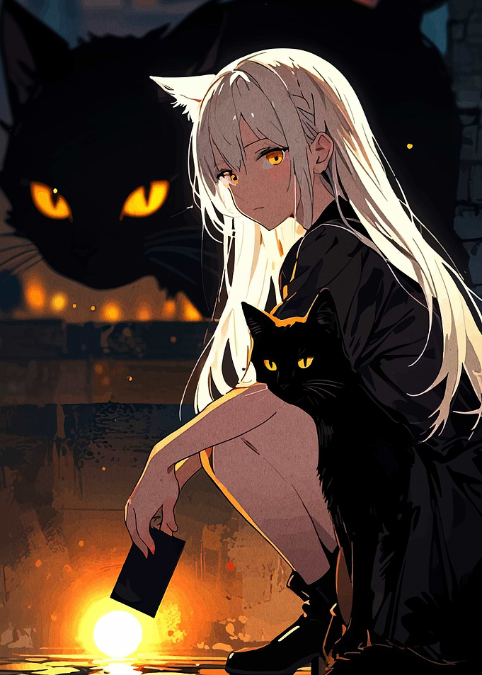 Anime Girl with Cats