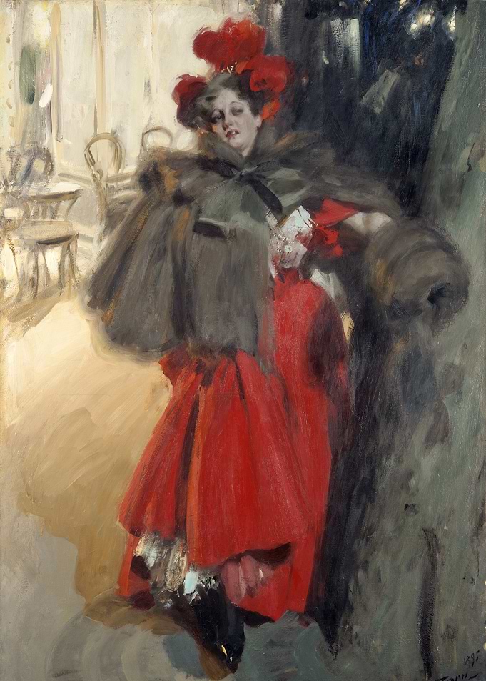 Elegant Woman in Red Dress Painting