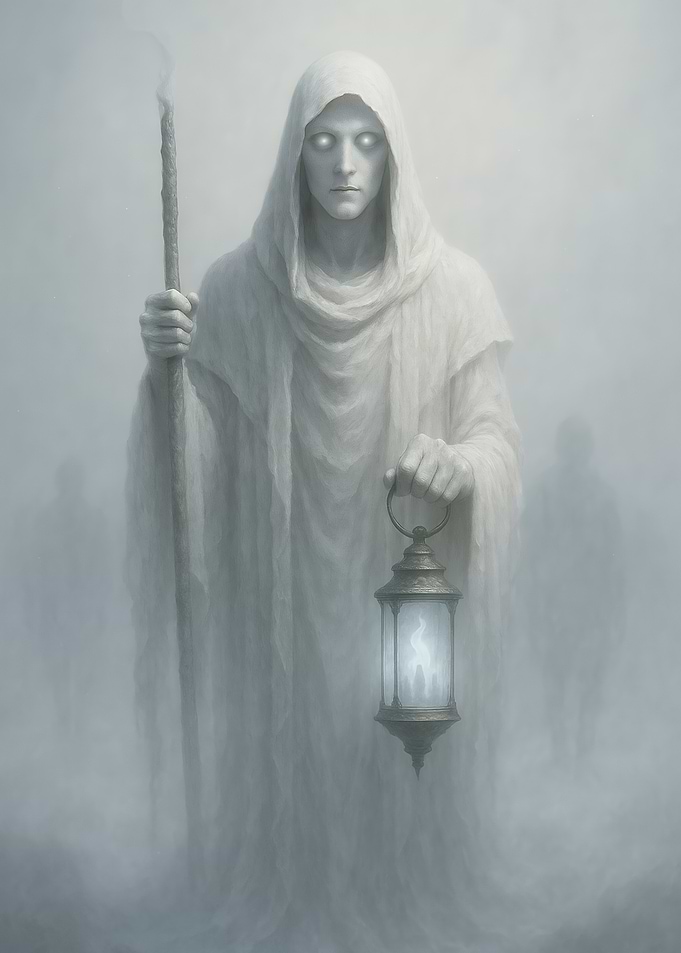 The Pale Shepherd - Ethereal Fantasy Portrait of a Hooded Spirit with Lantern in Fog