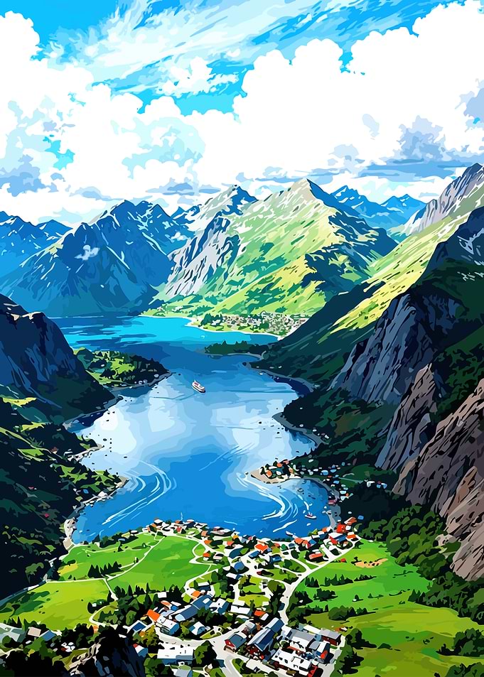 Mountain Lake Village Anime Style