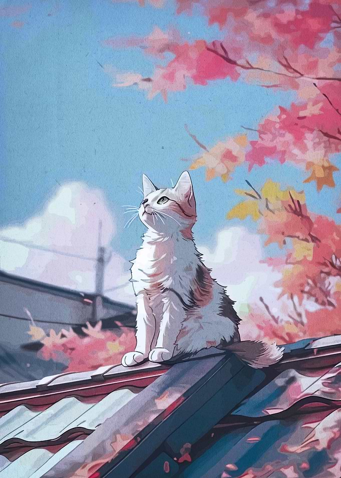 Cat on Roof with Autumn Leaves