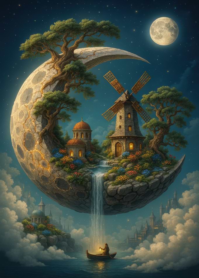 Moon Island with Windmill and Waterfall