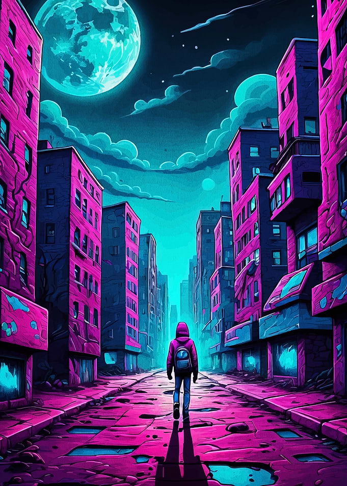 Neon Cityscape with Lone Figure