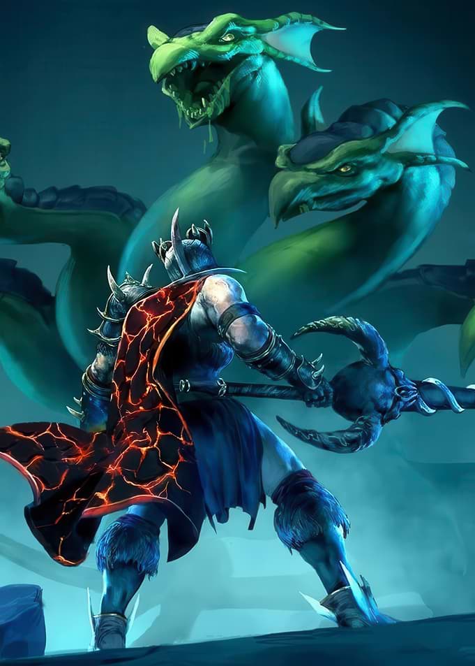 Warrior facing a multi-headed serpent