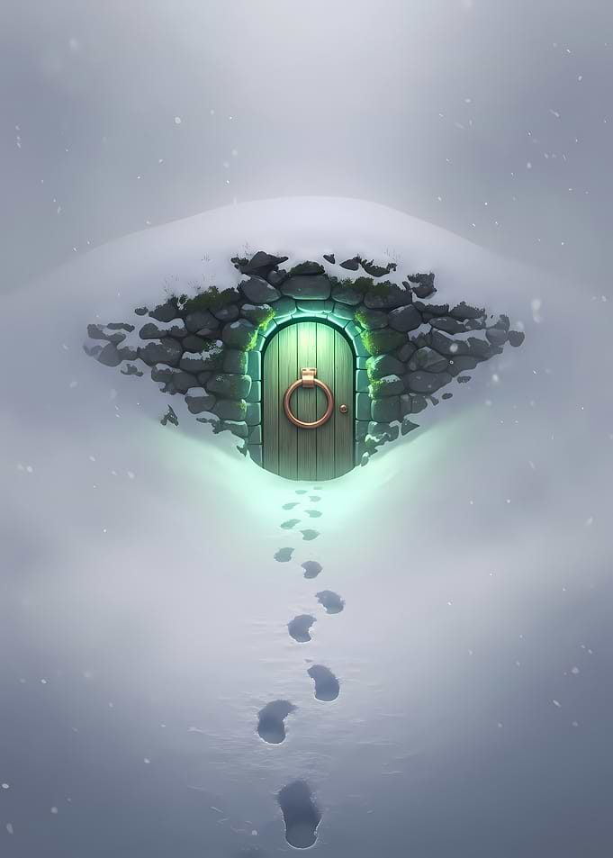 Mystical Glowing Door in Snowy Stone Sanctuary