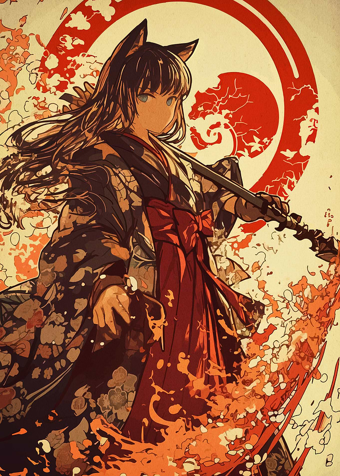 Anime Girl with Katana and Fox Ears