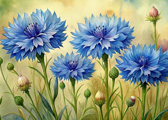 Watercolor Cornflowers