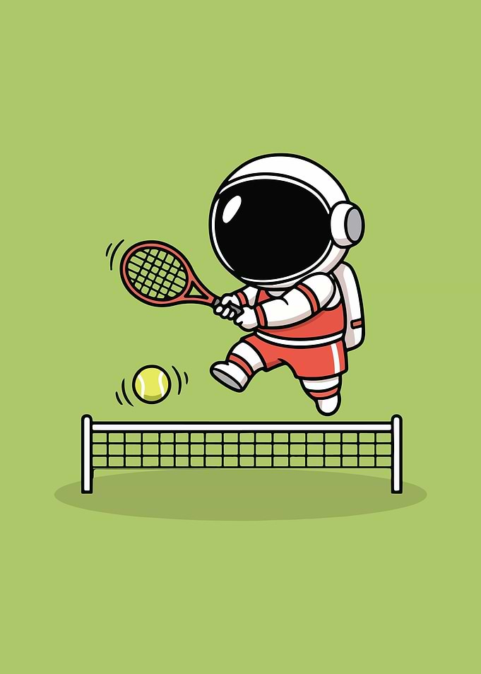 Astronaut playing tennis cartoon illustration