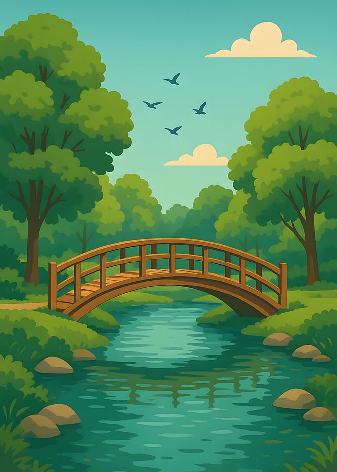 Cartoon Bridge Over River Landscape