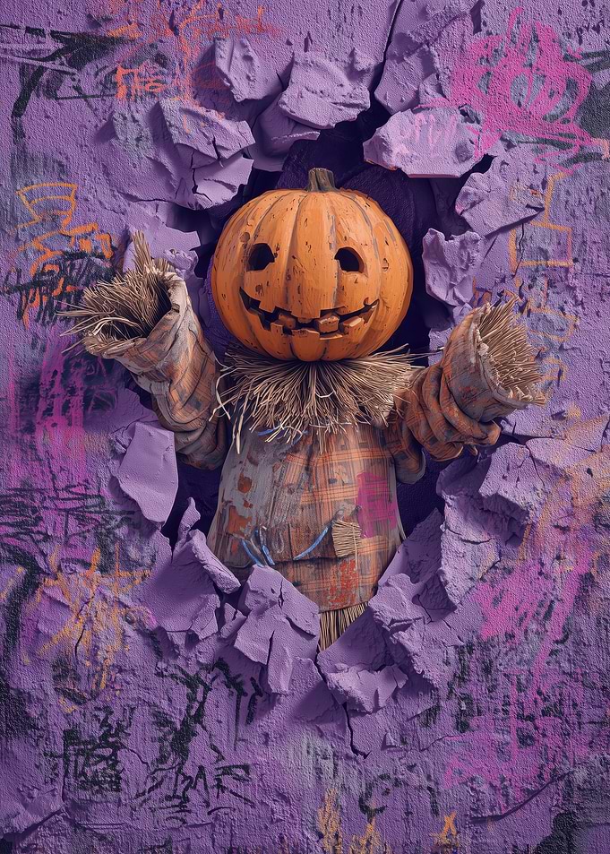 Halloween Pumpkin Scarecrow Breaking Through Wall