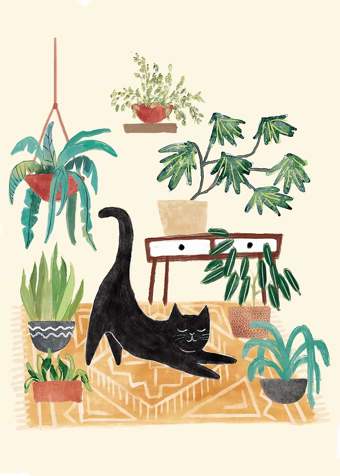 Black Cat Stretching Among Houseplants