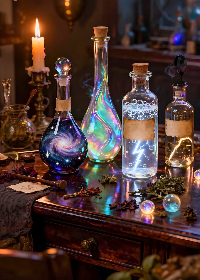 Magical Potion Bottles on Wizard's Alchemy Table