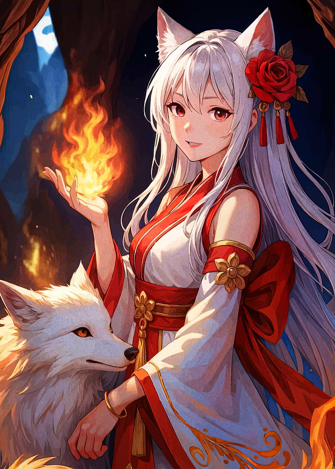 Anime Fox Girl with Fire and Fox
