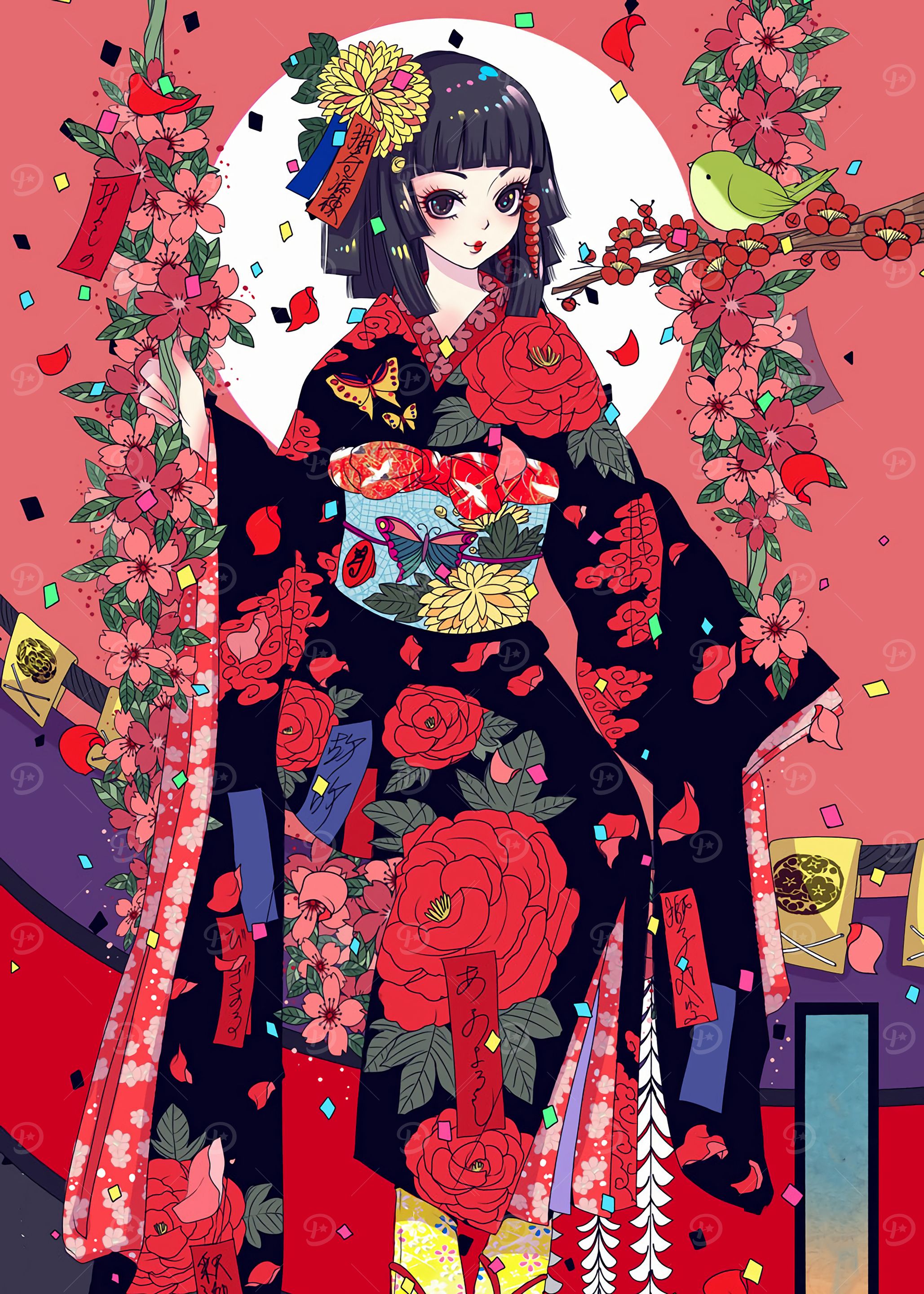 Anime Girl in Kimono with Floral Accents