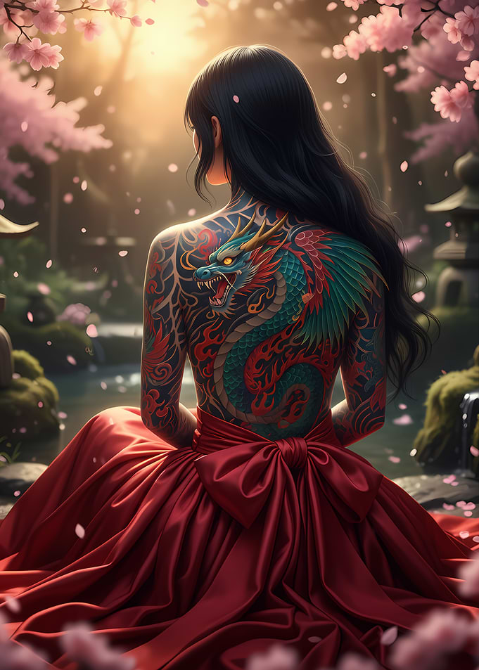 Woman with Dragon Tattoo in Cherry Blossom