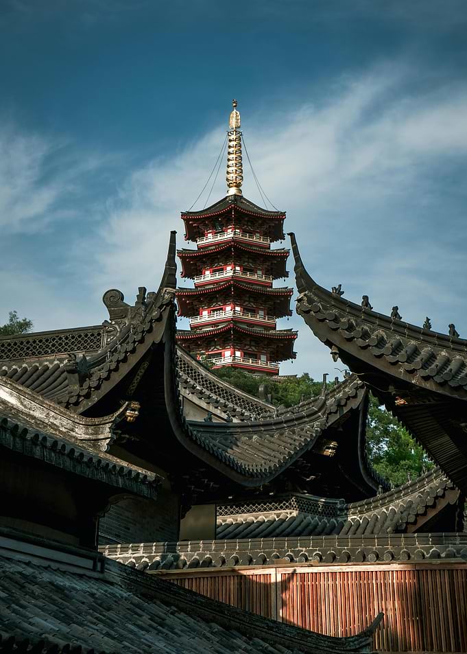 Ancient Chinese Pagoda and Rooftops