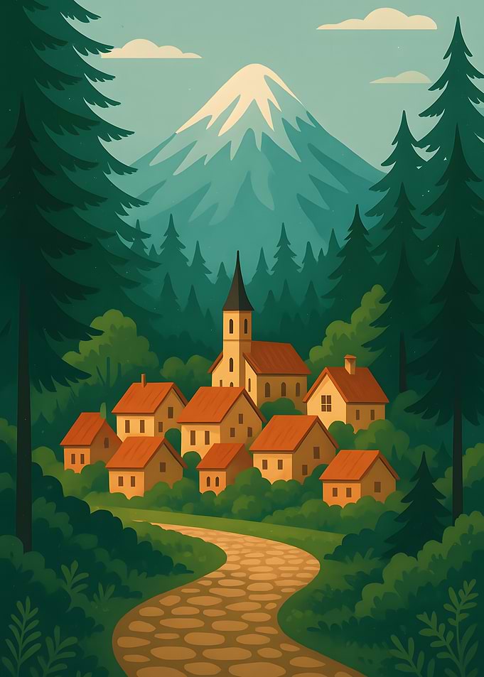 Mountain Village Landscape Illustration